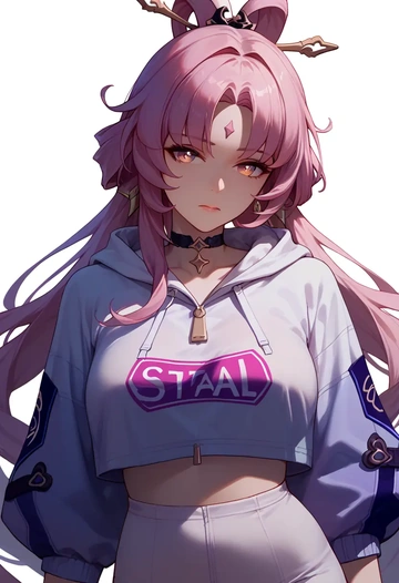 star rail,fu xuan,crop hoodie,shorts  - AI generated anime art